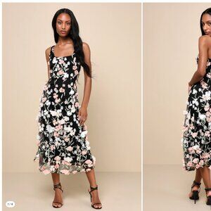 Black Mesh 3D Floral Embroidered Midi Dress